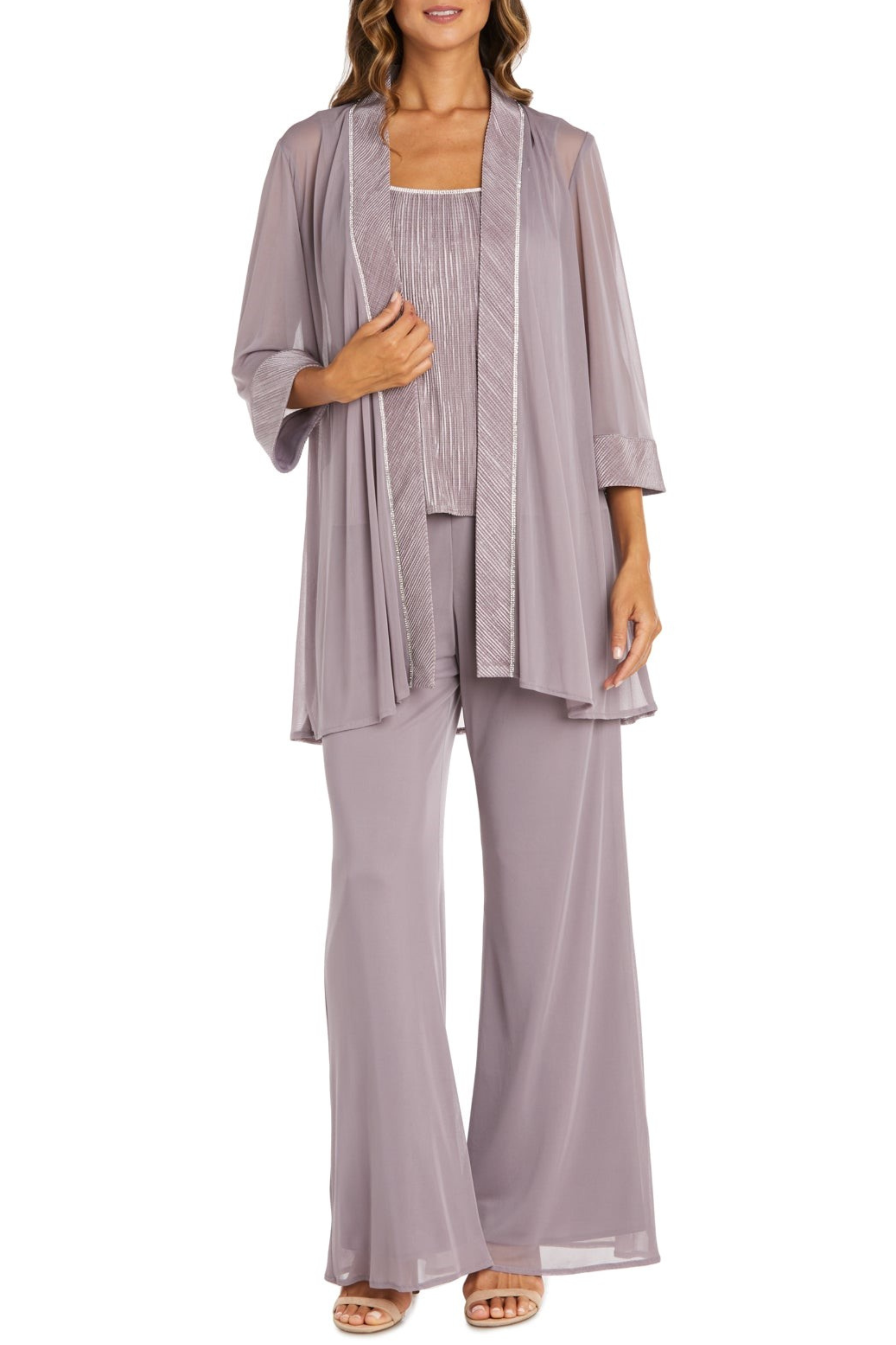Mauve Embellished 3 Piece Pant Set with Beaded Detail and Tulle by R&M Richards 9084