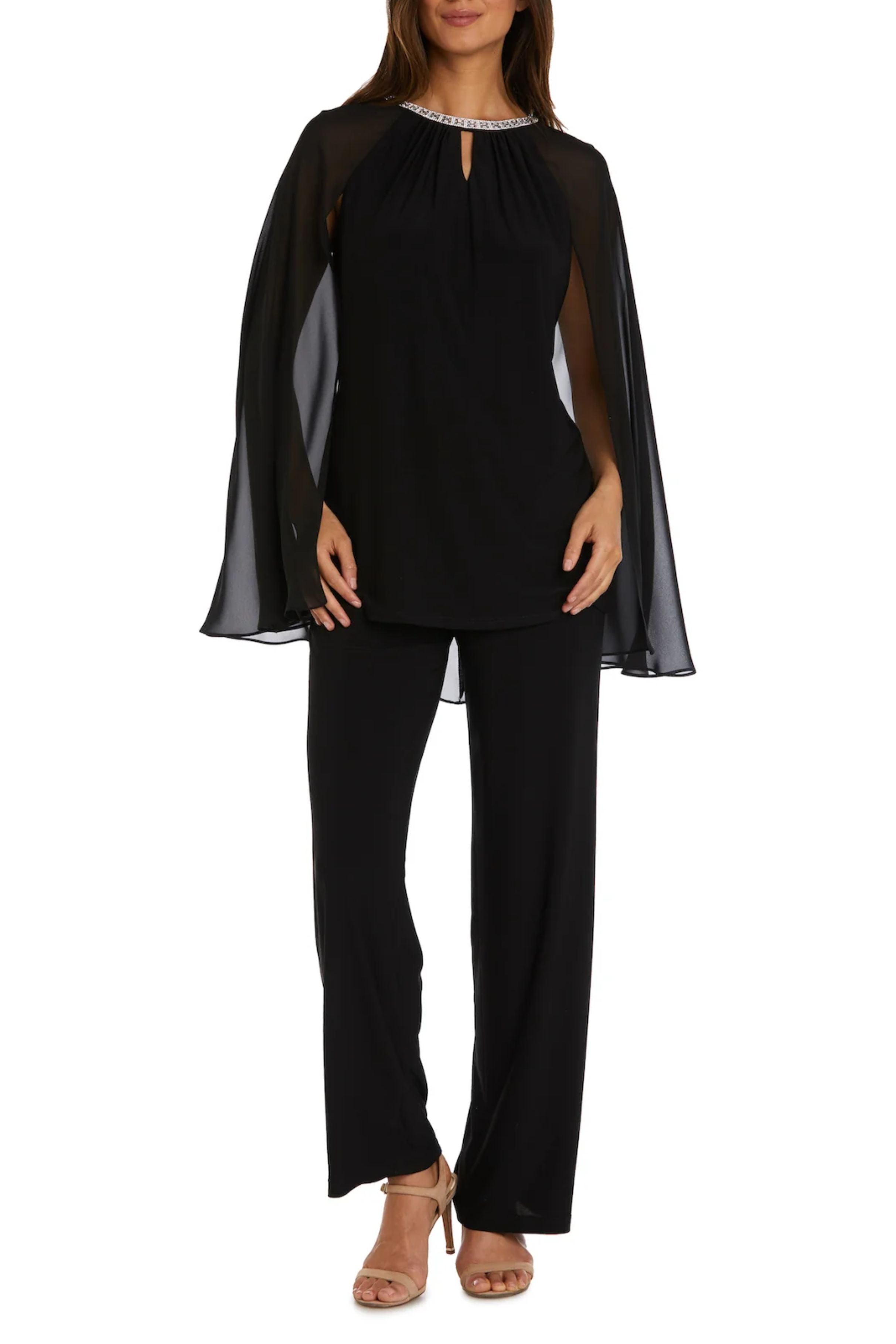 Black Embellished Sheer Cape 2-Piece Set with Halter Neck, Pant Set, and Beaded Detail by R&M Richards 9104
