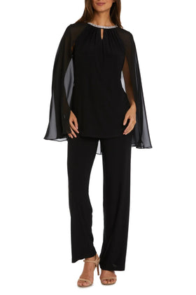 Black Embellished Sheer Cape 2-Piece Set with Halter Neck, Pant Set, and Beaded Detail by R&M Richards 9104