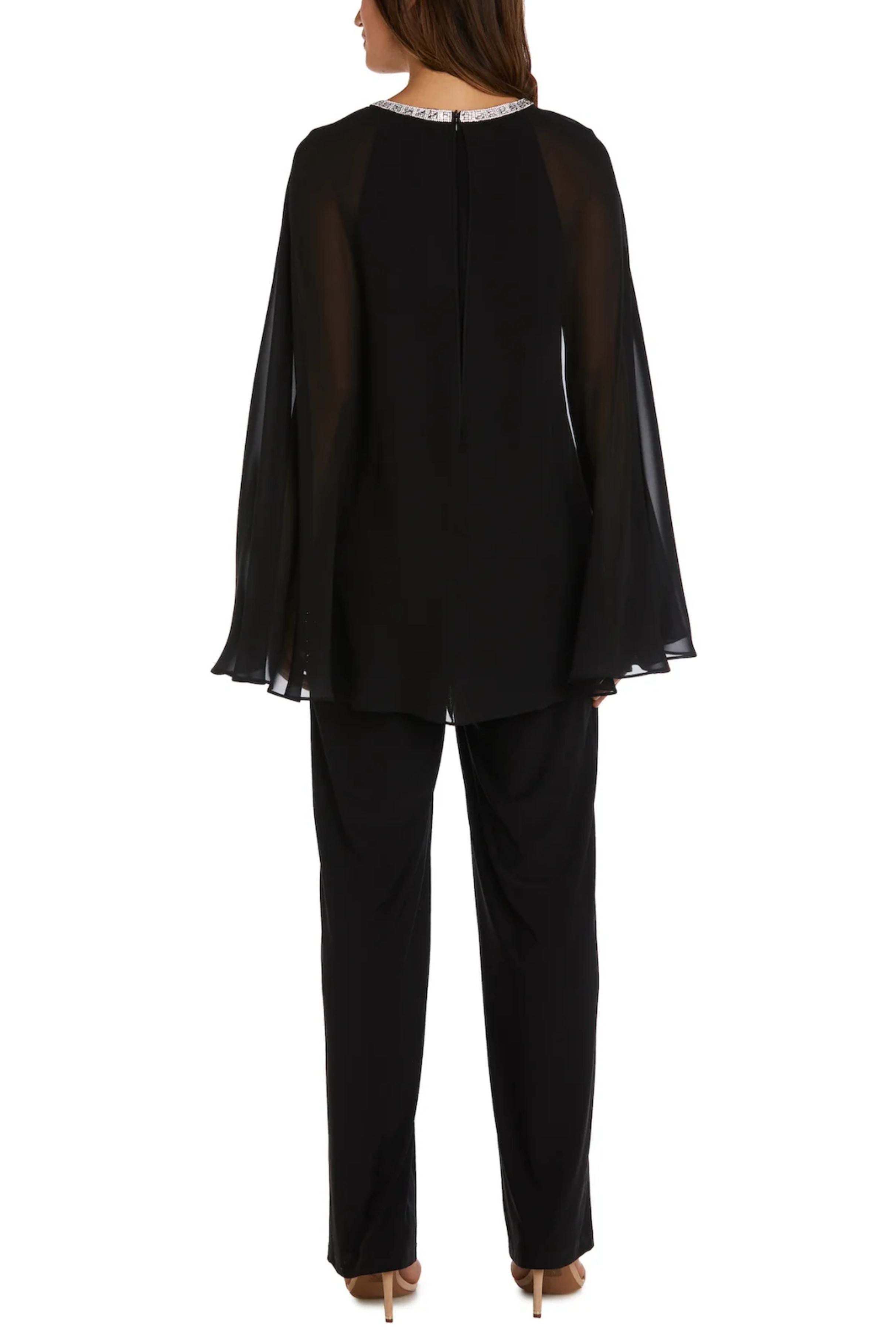 Black Embellished Sheer Cape 2-Piece Set with Halter Neck, Pant Set, and Beaded Detail by R&M Richards 9104