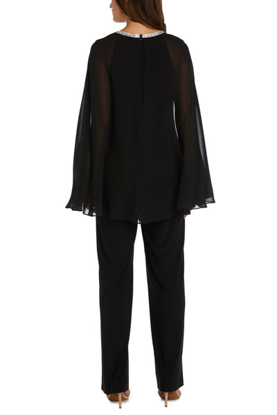 Black Embellished Sheer Cape 2-Piece Set with Halter Neck, Pant Set, and Beaded Detail by R&M Richards 9104