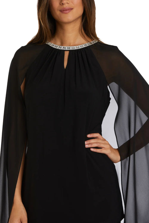 Black Embellished Sheer Cape 2-Piece Set with Halter Neck, Pant Set, and Beaded Detail by R&M Richards 9104