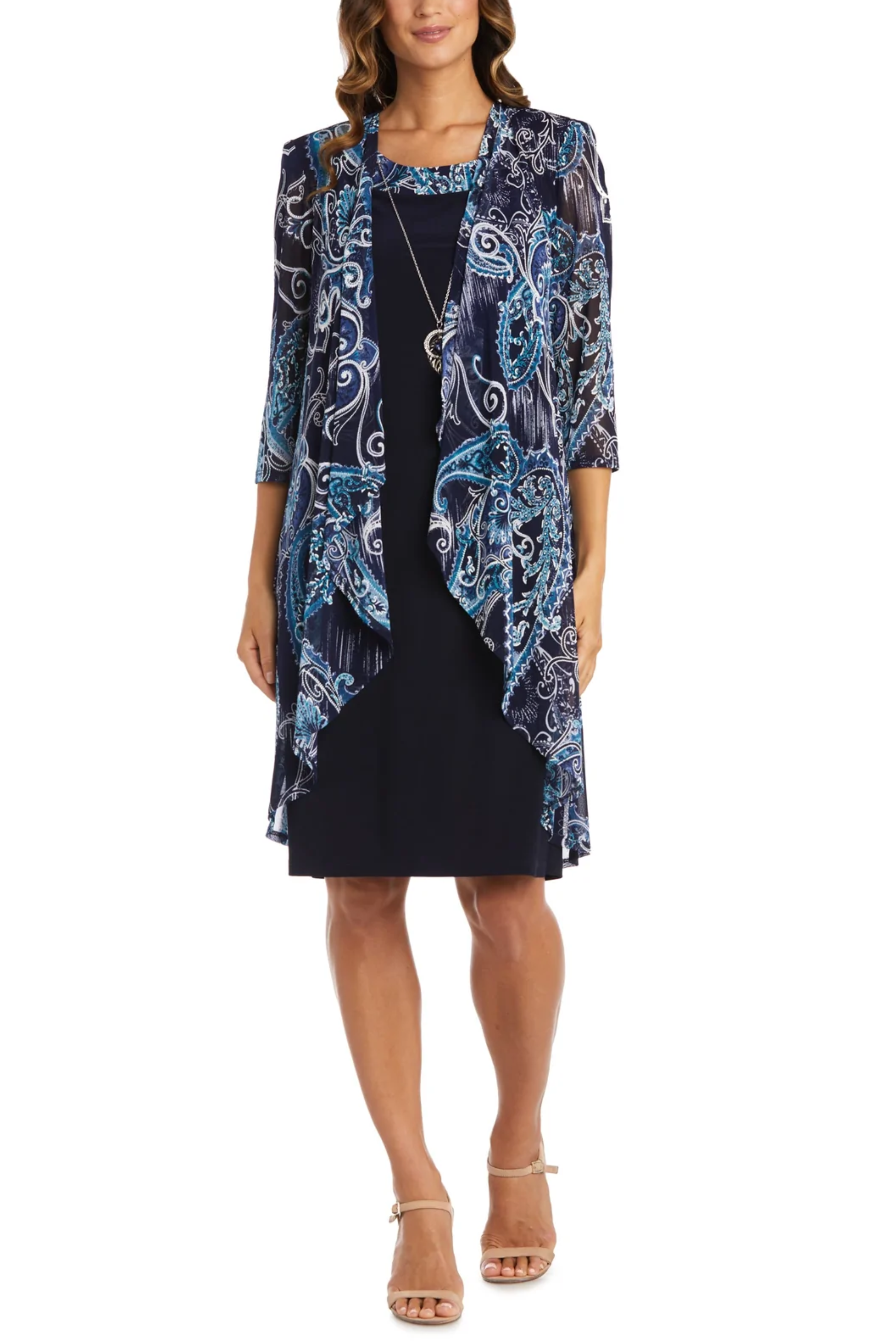 Navy Teal 2-Piece Open-Front Jacket Dress with 3/4 Sleeve, Lace Detail, and Removable Jewelry Detail by R&M Richards 9187