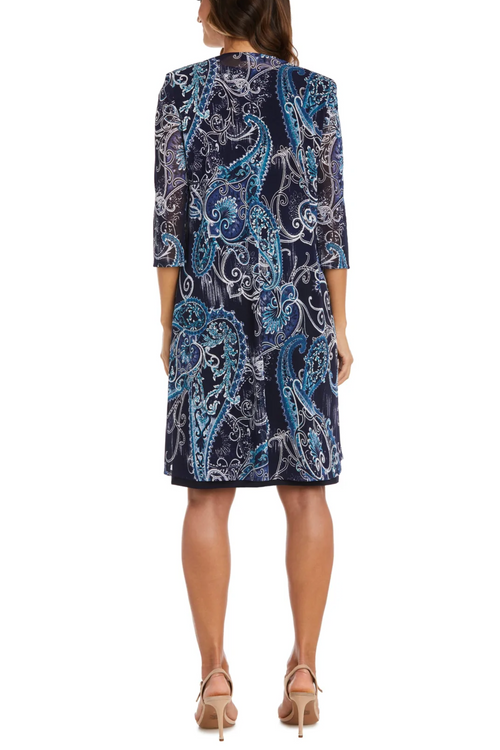 Navy Teal 2-Piece Open-Front Jacket Dress with 3/4 Sleeve, Lace Detail, and Removable Jewelry Detail by R&M Richards 9187