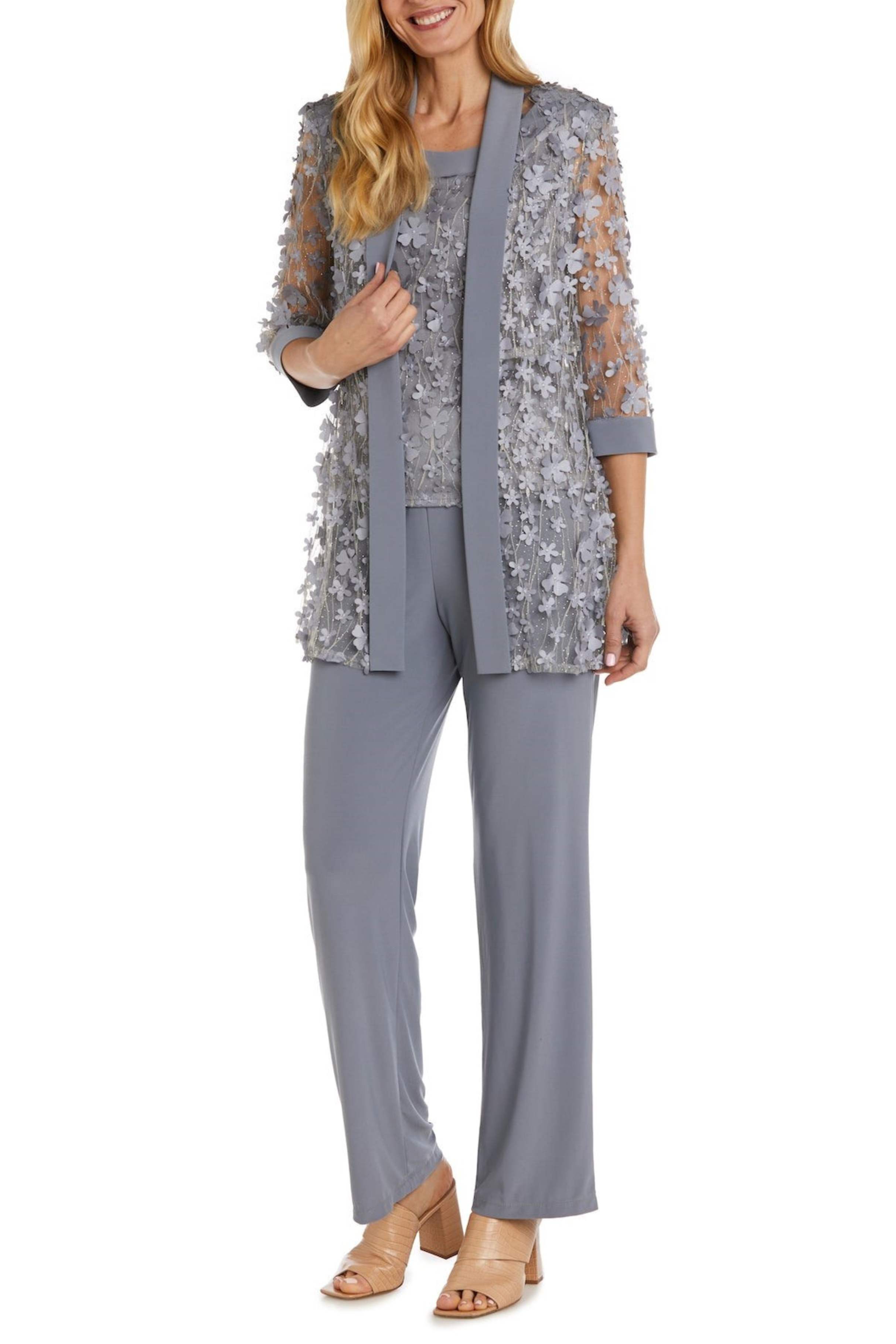 Silver 3-Piece Floral Applique Pants Set with Metallic Finish and Shimmer Finish by R&M Richards 9462