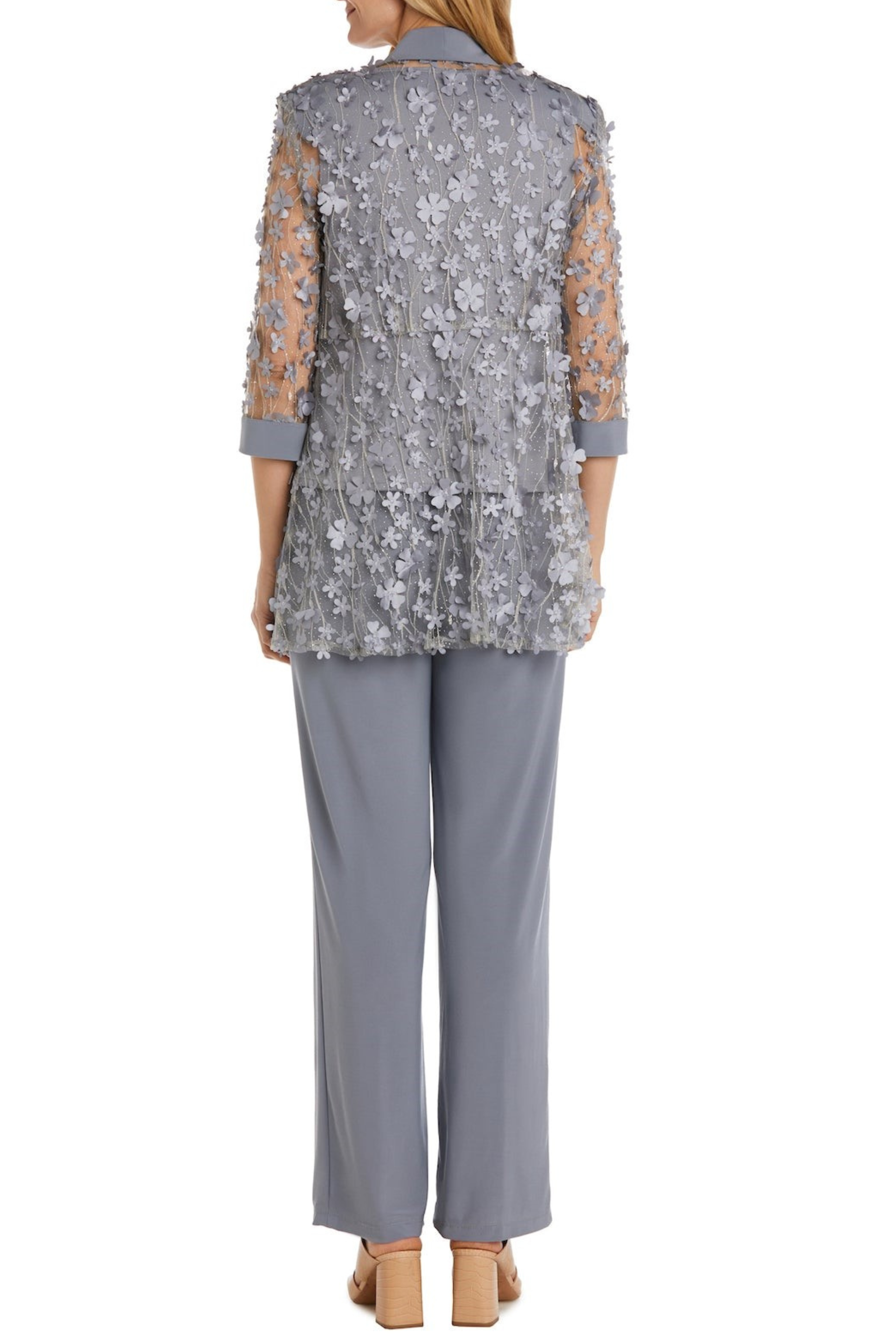 Silver 3-Piece Floral Applique Pants Set with Metallic Finish and Shimmer Finish by R&M Richards 9462