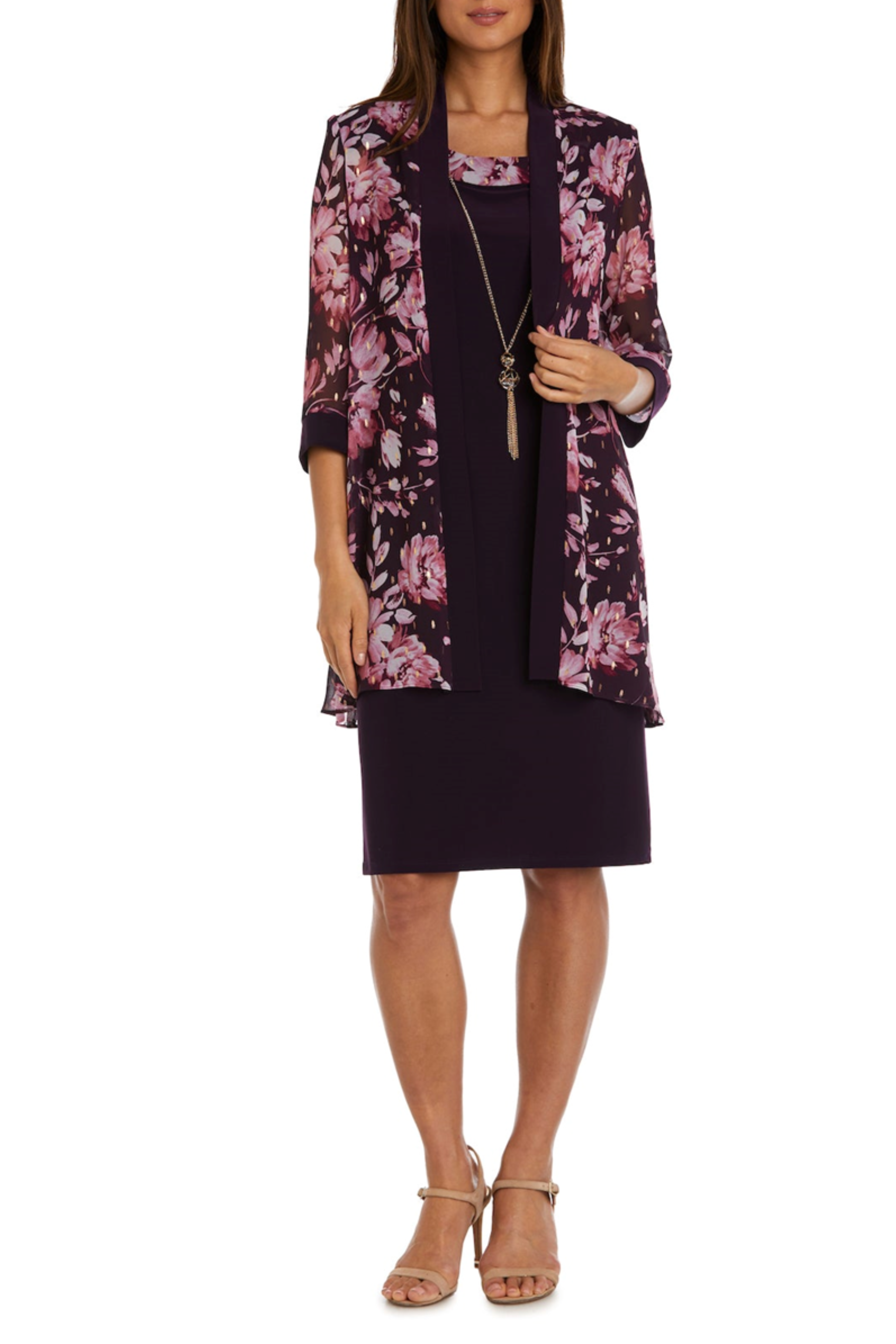 Eggplant 3/4 Sleeve Floral 2-Piece Jacket Dress with Round Neck, Metallic Finish, and Coordinating Jacket by R&M Richards 9646