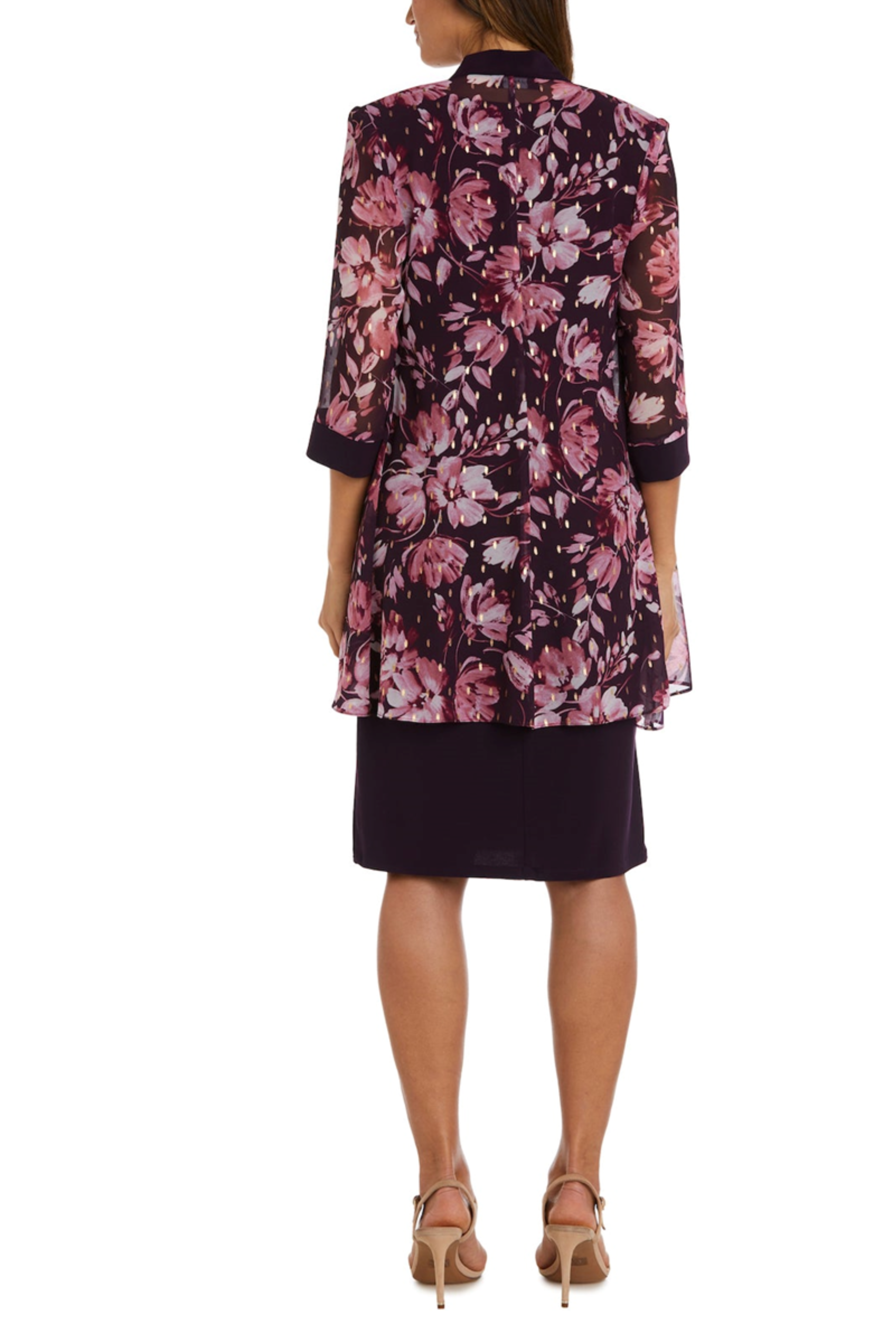 Eggplant 3/4 Sleeve Floral 2-Piece Jacket Dress with Round Neck, Metallic Finish, and Coordinating Jacket by R&M Richards 9646