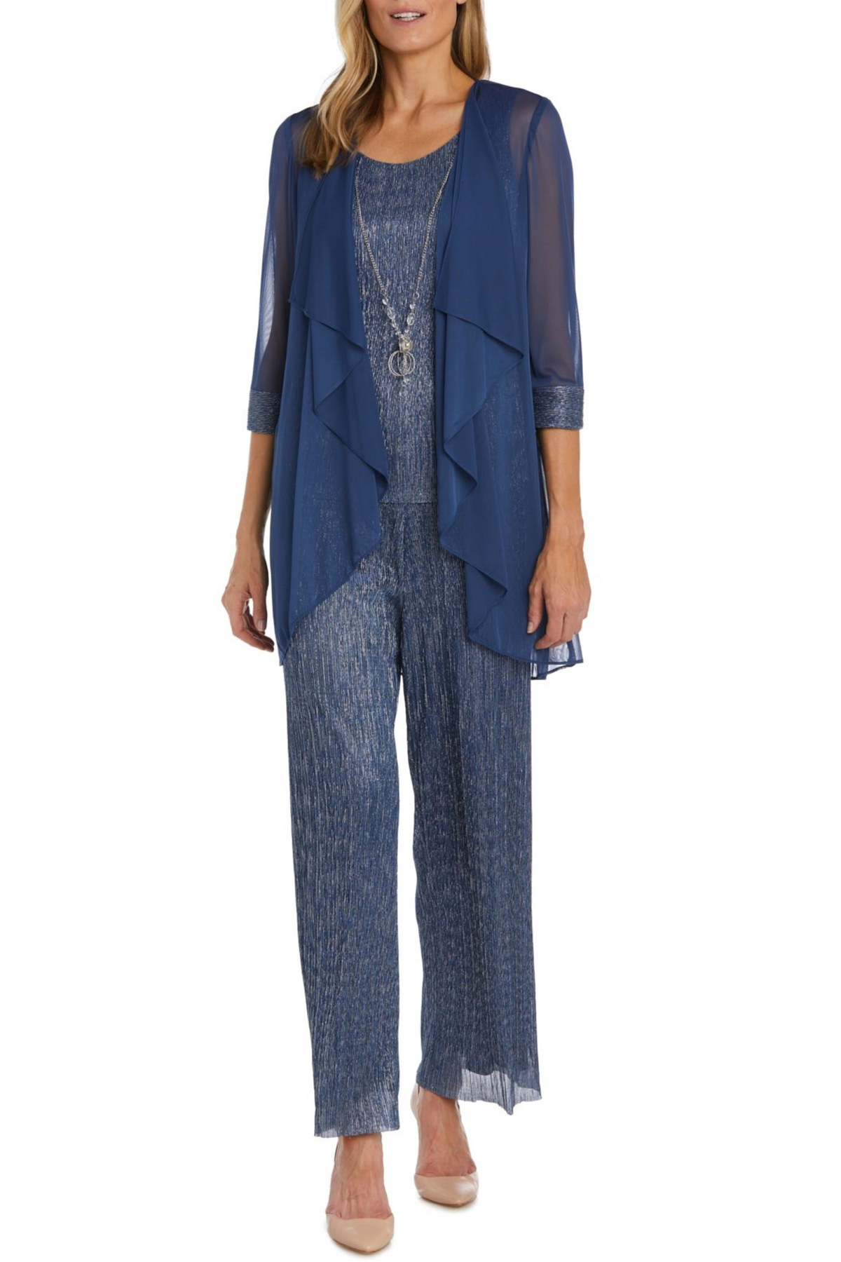 Denim 3-Piece Jacket Tank Pants Evening Set with Beaded Detail, Metallic Finish, and Coordinating Jacket by R&M Richards 9722