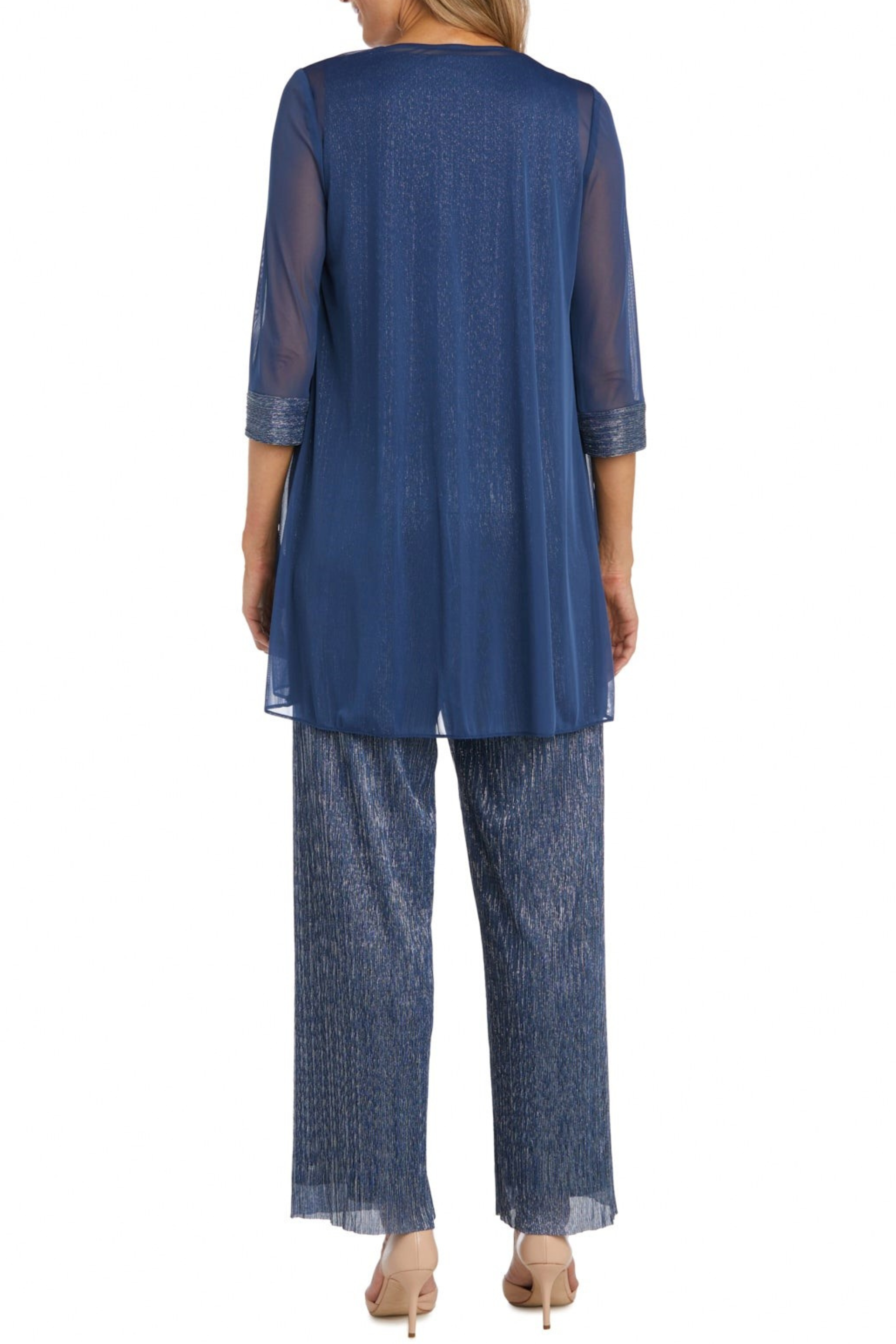 Denim 3-Piece Jacket Tank Pants Evening Set with Beaded Detail, Metallic Finish, and Coordinating Jacket by R&M Richards 9722