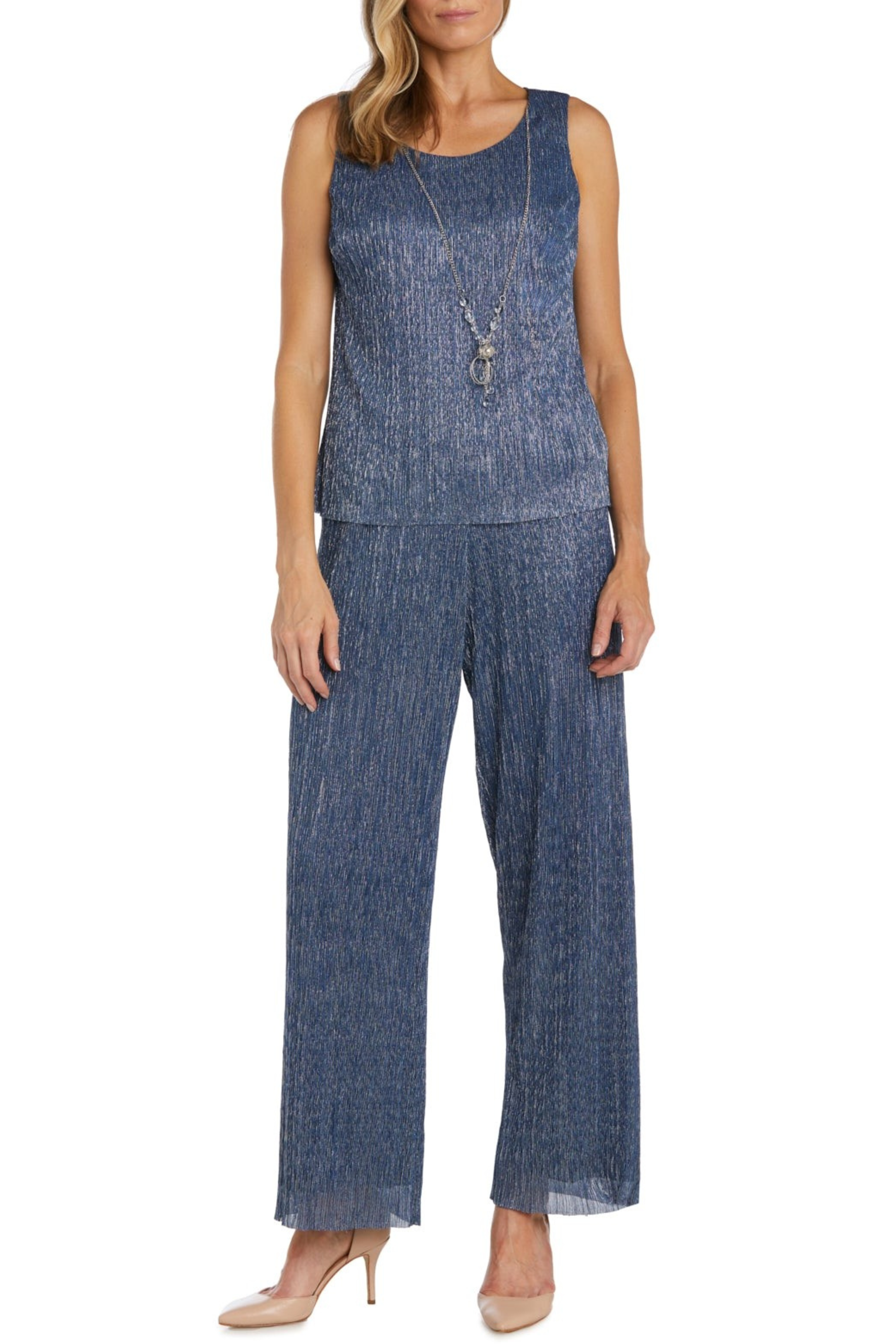 Denim 3-Piece Jacket Tank Pants Evening Set with Beaded Detail, Metallic Finish, and Coordinating Jacket by R&M Richards 9722