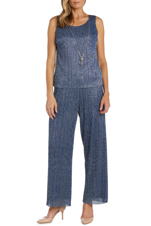 Denim 3-Piece Jacket Tank Pants Evening Set with Beaded Detail, Metallic Finish, and Coordinating Jacket by R&M Richards 9722