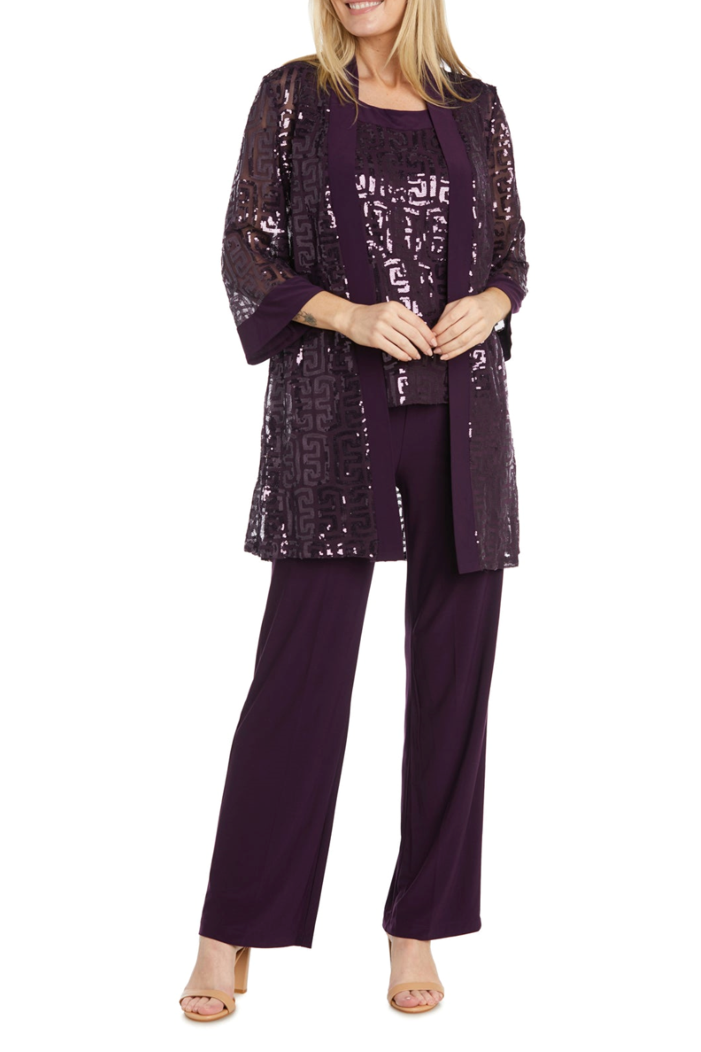 Eggplant 3-Piece Sequined Pants Suit with 3/4 Sleeve, Round Neck, and Straight Leg Pant by R&M Richards 9761