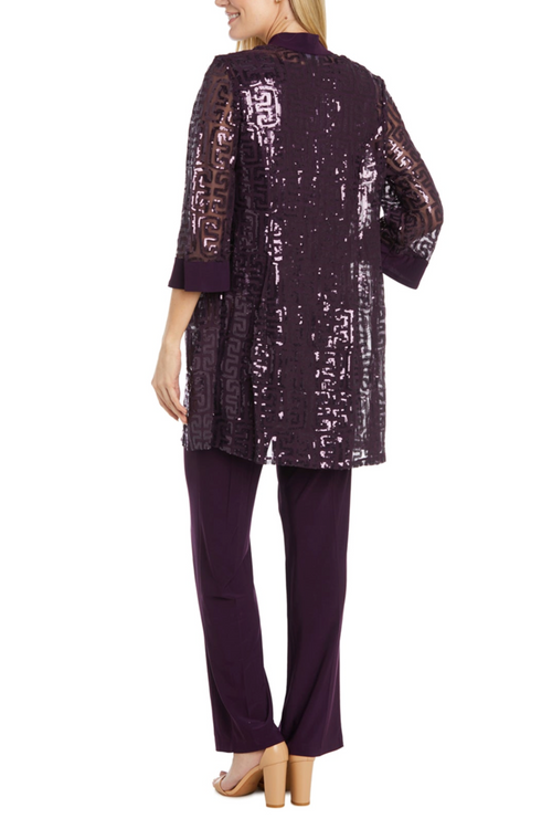 Eggplant 3-Piece Sequined Pants Suit with 3/4 Sleeve, Round Neck, and Straight Leg Pant by R&M Richards 9761
