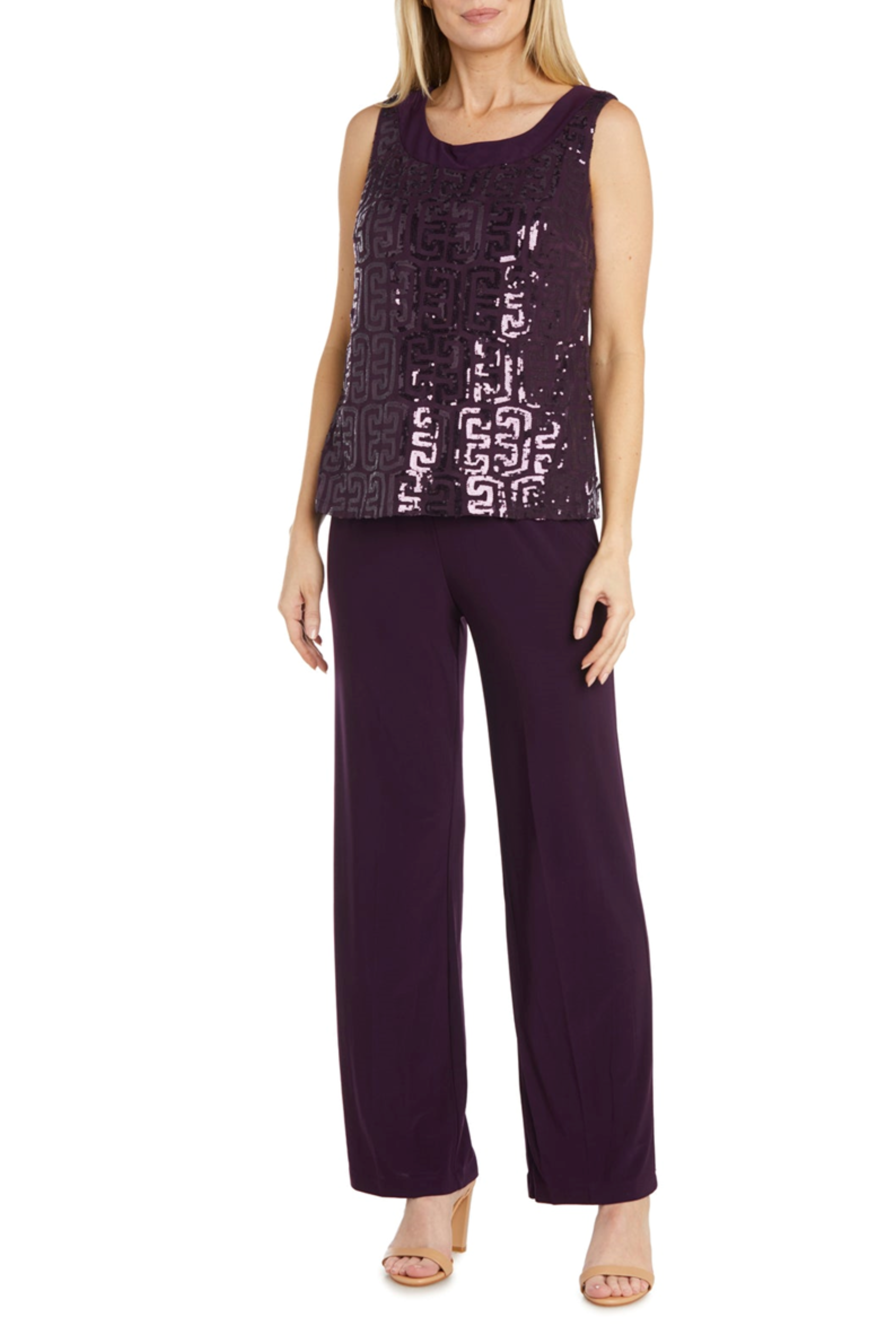 Eggplant 3-Piece Sequined Pants Suit with 3/4 Sleeve, Round Neck, and Straight Leg Pant by R&M Richards 9761