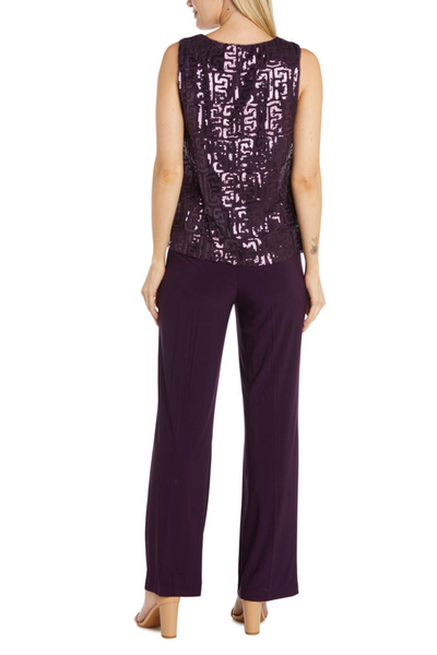 Eggplant 3-Piece Sequined Pants Suit with 3/4 Sleeve, Round Neck, and Straight Leg Pant by R&M Richards 9761