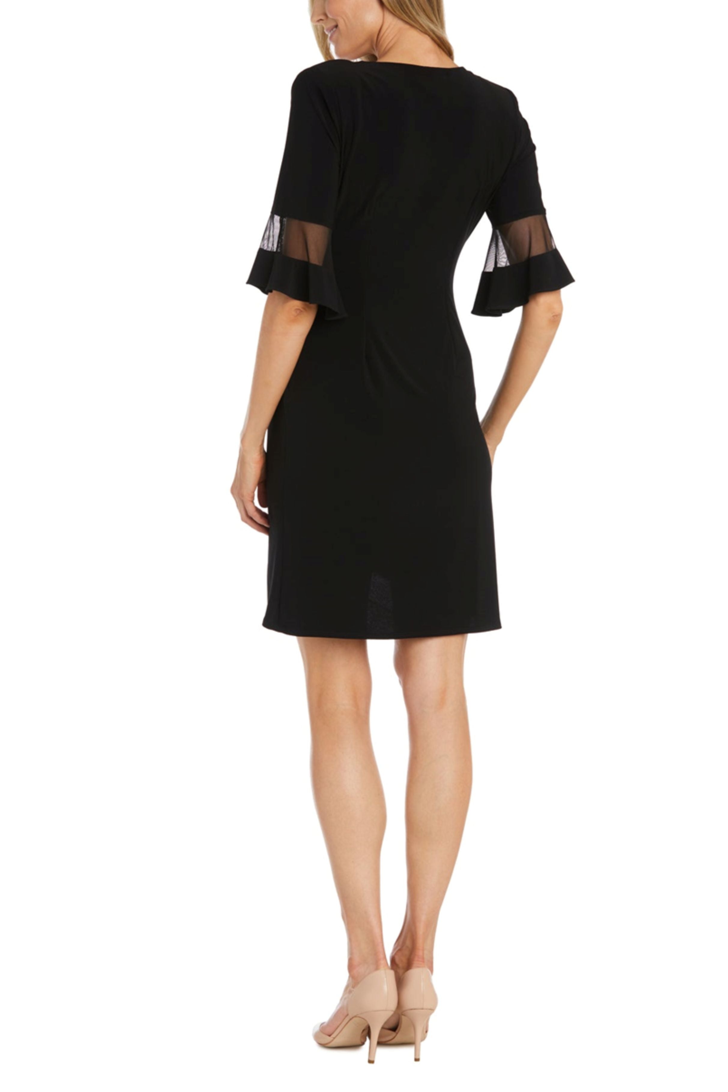Black Bell Sleeve Ruched-Waist Ring Dress with V-Neck, Rhinestone Detail, and Faux Wrap Styling by R&M Richards 9871