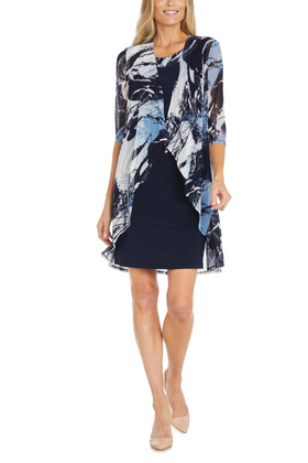 Navy Periwinkle 3/4 Sleeve Abstract 2-Pc Jacket Dress with Round Neck and Beaded Detail by R&M Richards 9987