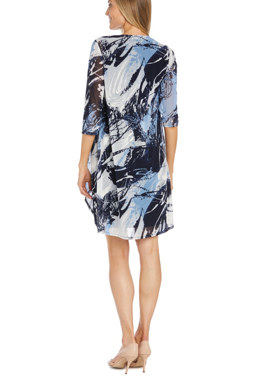 Navy Periwinkle 3/4 Sleeve Abstract 2-Pc Jacket Dress with Round Neck and Beaded Detail by R&M Richards 9987
