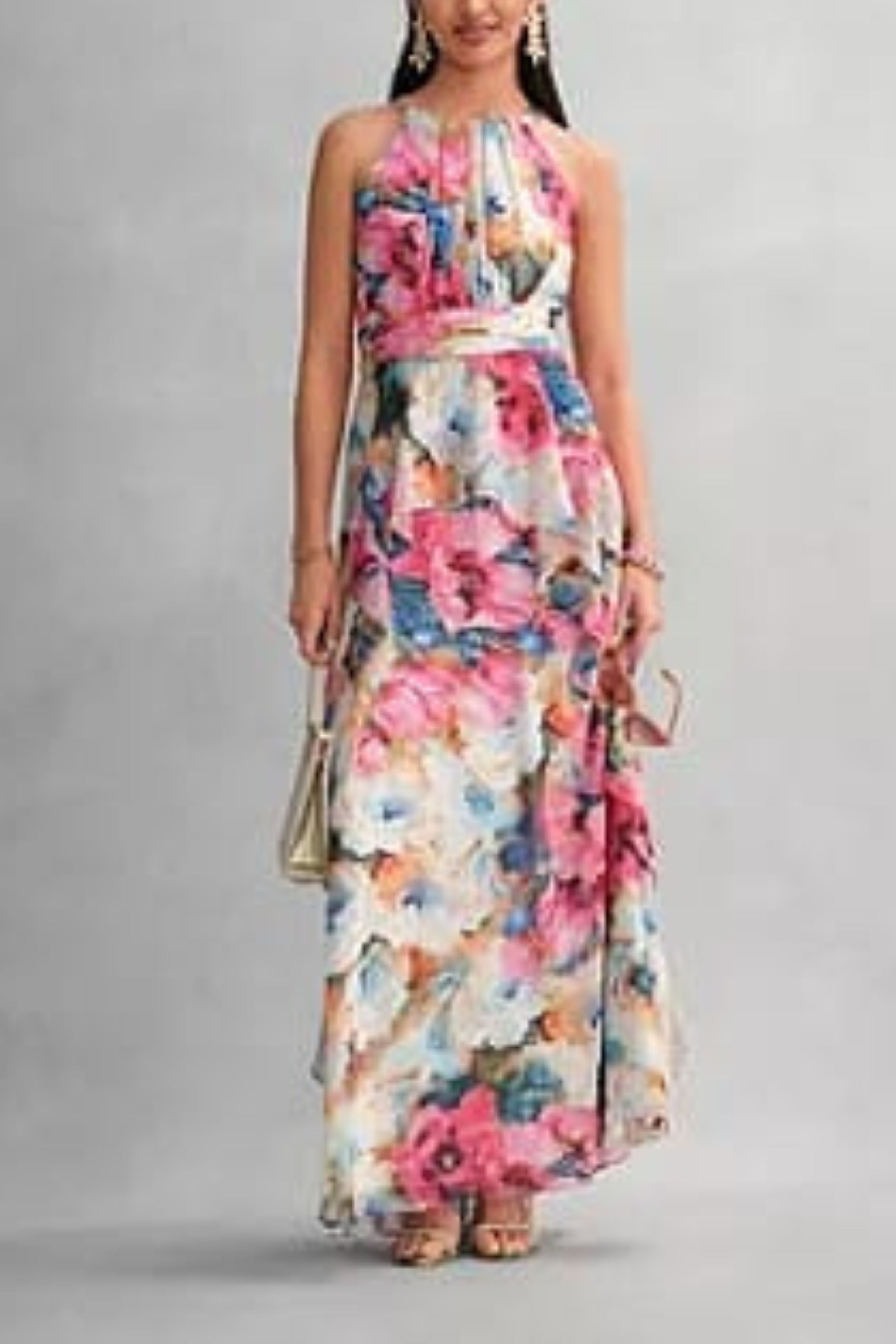 Fuchsia Floral High Neck Special Occasion Dress with Ruffle Detail and Chiffon by R&M Richards 3428