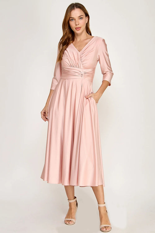 3/4-Sleeve Satin Twist-Front Midi Mother of the Bride Dress V-Neck Evening Dress by Perrty 3127