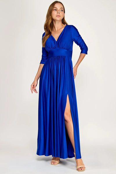 Ruched Bodice V-Neck 3/4 Sleeve A-Line Full-Length Mother of the Bride Dress by Perrty 3132