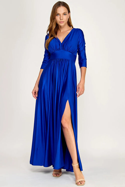 Ruched Bodice V-Neck 3/4 Sleeve A-Line Full-Length Mother of the Bride Dress by Perrty 3132