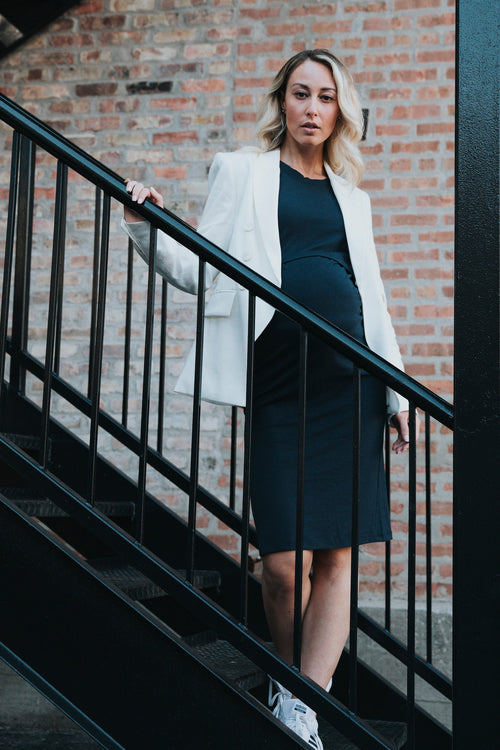 Sleeveless Navy Knee Length Maternity Little Breastfeeding Dress with Panel