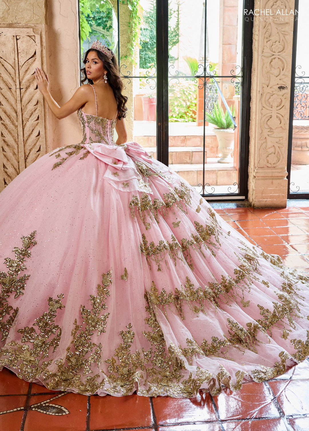 rose gold quince dresses Quinceanera Dress PR30173 By Princesa Champagne/Rose / 00 Showcasing a lovely sweetheart neckline with floral detachable off the shoulder straps for that two in one look GL1914 Sequin Embellished Glitter Mesh