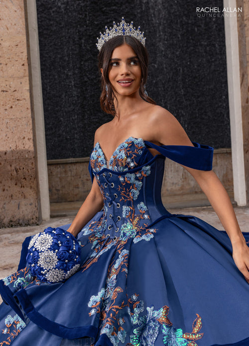 Floral Embroidery Quinceañera Dress with Detachable Corset Overlay by Rachel Allan RQ5016
