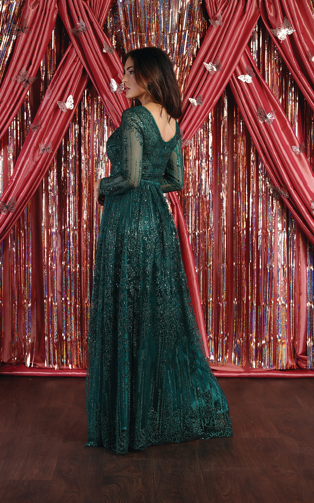 Glitter Floor Sweeping Prom Dress Long Sleeve V-neck Evening Gown
