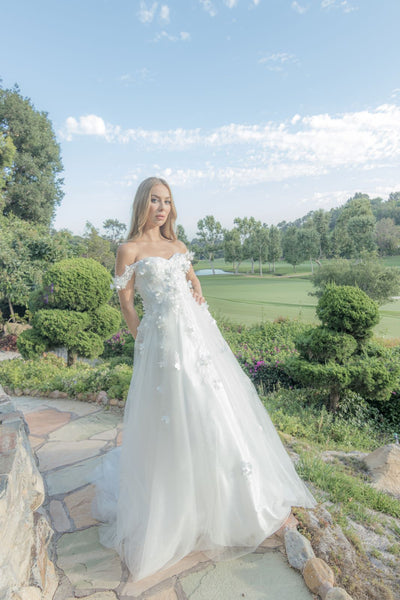 Off-Shoulder A-Line Wedding Dress with 3D Floral Appliqué & Tulle Skirt by Royal Queen RQ8034