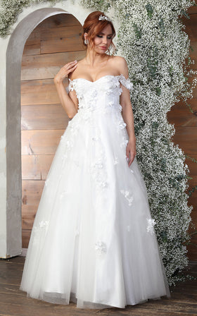 Off-Shoulder A-Line Wedding Dress with 3D Floral Appliqué & Tulle Skirt by Royal Queen RQ8034