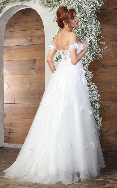 Off-Shoulder A-Line Wedding Dress with 3D Floral Appliqué & Tulle Skirt by Royal Queen RQ8034