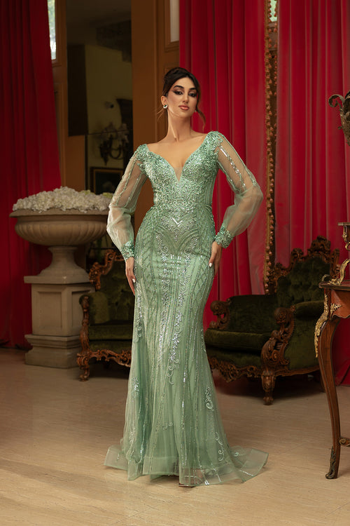 Royal Queen RQ8125 Sequin V-Neck Long Sleeve Evening Gown
