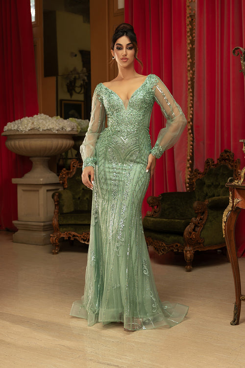 Royal Queen RQ8125 Sequin V-Neck Long Sleeve Evening Gown