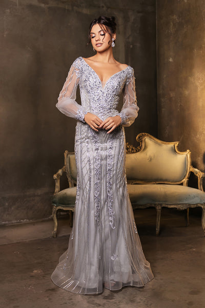 Royal Queen RQ8125 Sequin V-Neck Long Sleeve Evening Gown