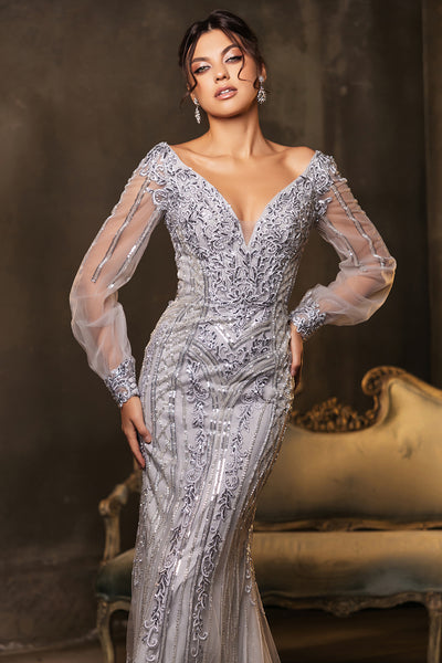 Royal Queen RQ8125 Sequin V-Neck Long Sleeve Evening Gown