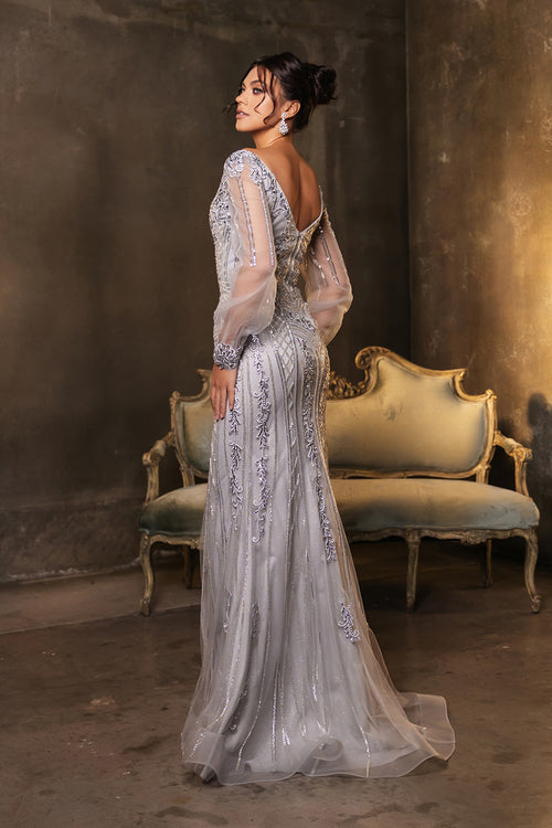 Royal Queen RQ8125 Sequin V-Neck Long Sleeve Evening Gown