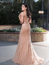 Royal Queen RQ8195 Off-Shoulder Sequin Beaded Evening Gown with High Slit