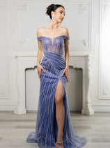 Royal Queen RQ8195 Off-Shoulder Sequin Beaded Evening Gown with High Slit