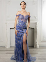 Royal Queen RQ8195 Off-Shoulder Sequin Beaded Evening Gown with High Slit