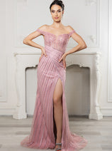Royal Queen RQ8195 Off-Shoulder Sequin Beaded Evening Gown with High Slit