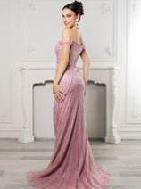 Royal Queen RQ8195 Off-Shoulder Sequin Beaded Evening Gown with High Slit