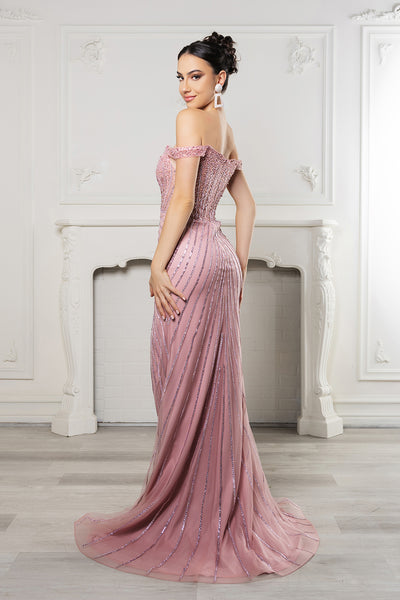 Royal Queen RQ8195 Off-Shoulder Sequin Beaded Evening Gown with High Slit