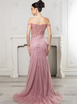 Royal Queen RQ8195 Off-Shoulder Sequin Beaded Evening Gown with High Slit