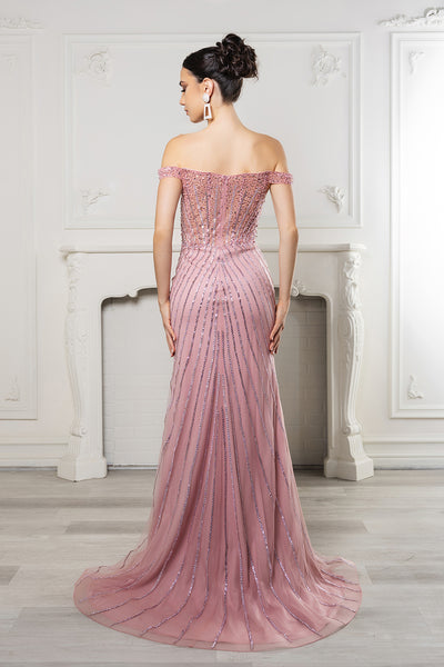 Royal Queen RQ8195 Off-Shoulder Sequin Beaded Evening Gown with High Slit