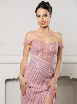 Royal Queen RQ8195 Off-Shoulder Sequin Beaded Evening Gown with High Slit
