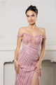 Royal Queen RQ8195 Off-Shoulder Sequin Beaded Evening Gown with High Slit
