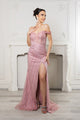 Royal Queen RQ8195 Off-Shoulder Sequin Beaded Evening Gown with High Slit